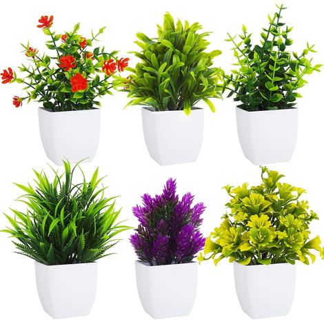 6 Mini Plantes Artificielles en Pot - Verts Blancs avec Eucalyptu Fleurs Violettes pour Bureau, Étagère, Salle de Bain (1/5)