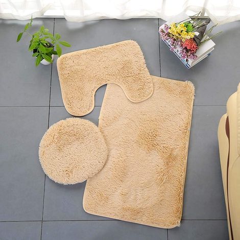 Tapis de salle de bain 3 pièces tapis de salle de bain couleur unie tapis absorbant doux antidérapant et couverture de toilette lavable, kaki (1/2)