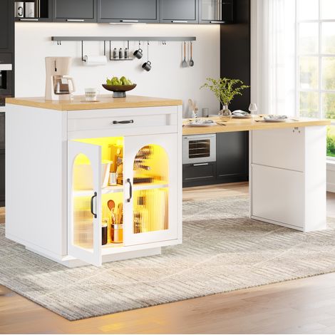 Isla de cocina 126-196x59x94 cm blanca en MDF con tablero extensible, LED RGB y puertas de vidrio acanalado (1/5)