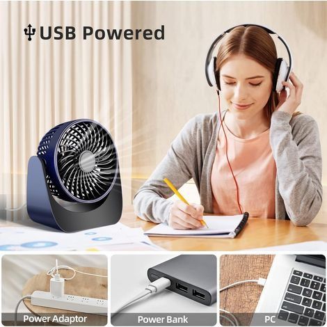 USB-Ventilator, 360° drehbarer, tragbarer Mini-USB-Ventilator, leise, 3 Geschwindigkeitsstufen, Tischventilator mit 1,5 m USB-Kabel für Büro/Auto/Reisen/Camping (Dunkelblau) (1/4)
