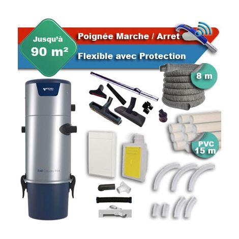Aspirateur central Aertecnica TS2 garantie 3 ans + flexible rétractable 8 m avec housse de protection + poignée marche/arrêt + 7 accessoires + kit 1 prise RETRAFLEX + kit prise balai (rayon d'action 9 (1/4)