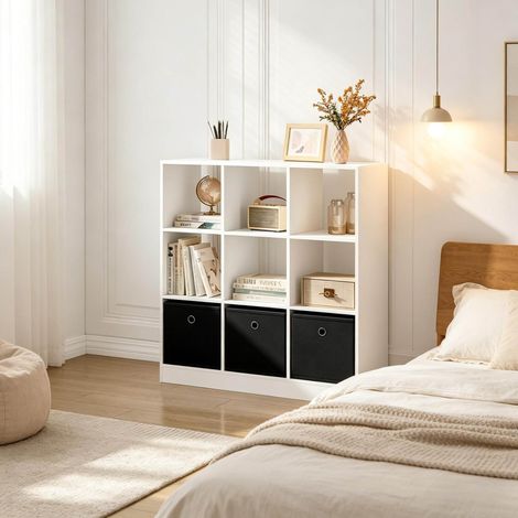 Estantería librería 80x30x86.5 cm blanco y negro en madera engineered con 3 cajones de tela y sistema antivuelco (1/4)