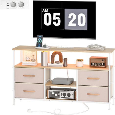 Meuble TV LED avec Prises USB 4 Tiroirs Pliants Étagères Ouvertes 120x30x67.5 cm Blanc et Beige