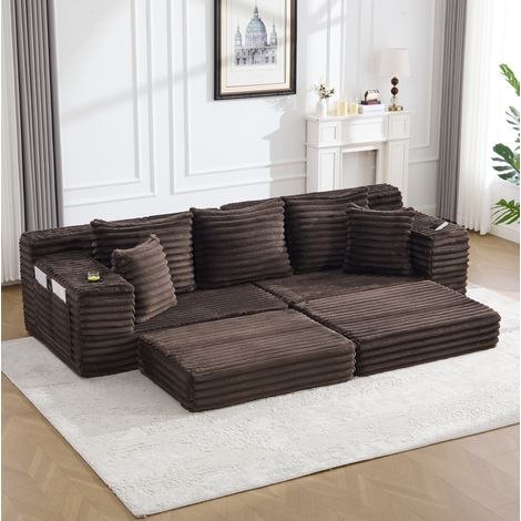 Canapé convertible de pana marrón café 273x98x87 cm con respaldo alto, bolsillos laterales y portavasos (1/5)