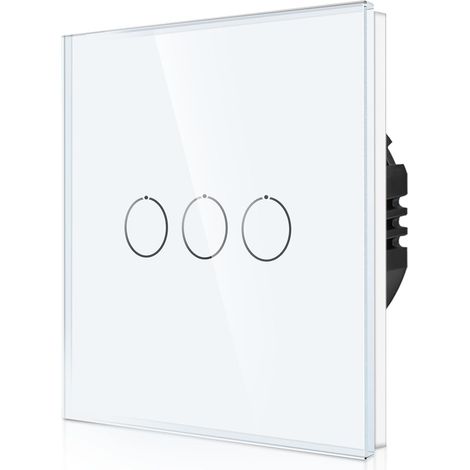 Interrupteur tactile encastré en blanc - Triple interrupteur mural avec LED d'état et panneau en verre - Pas de conducteur neutre nécessaire - Interrupteur tactile à 3 voies - 500 W/voie (1/5)