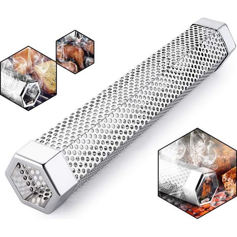 Tube fumoir à pellets pour barbecue, 30,5 cm, en acier inoxydable, tube à pellets en bois pour barbecue à gaz, charbon de bois, électrique ou fumoir, forme hexagonale (1/5)