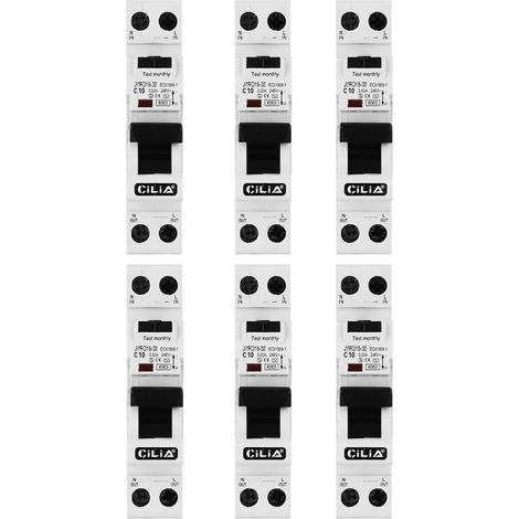 Lot de 6 Disjoncteur Différentiel Ultra-Compact CILIA (RCBO) 1P+N 1 Module (Gain de Place) 30mA Type AC, Courbe C, 6kA Tableau Électrique 10A