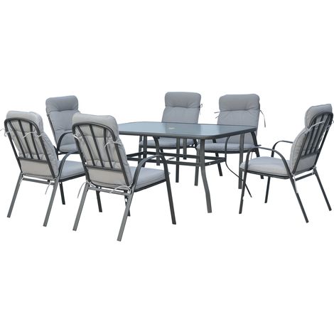 Outsunny 7 PCs Garden Dining Set w/ Umbrella Hole & Cushion Black (1/5)