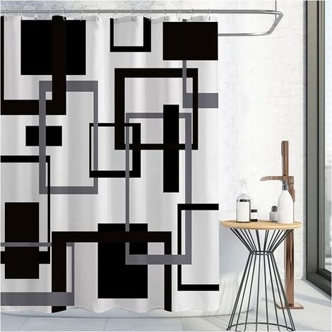 Schwarz-weißer Duschvorhang, Schwarz-Grauer geometrischer Stoff-Duschvorhang-Set, Mid Century Modern Abstrakter Minimalistischer Wasserdichter Duschvorhang für Badezimmerdekor, 72 x 72