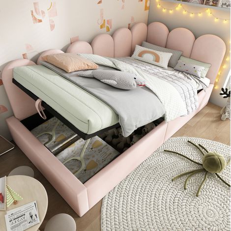 Lit coffre 90x200 en velours rose avec rangement HAVRYA (1/5)