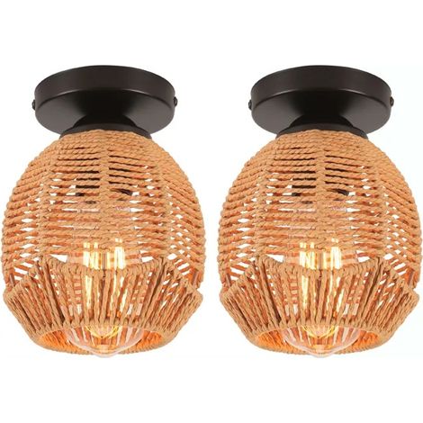 2pcs Rétro Plafonnier Industriel,Lampe de Plafond en Cage Abat-jour en Rotin et Métal Lustre Forme Ellipse pour Salon Chambre (1/5)