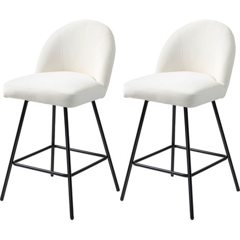 Set aus 2 Barhockern mit Samt-Rückenlehne und Stahl-Fußstütze, Cremeweiß