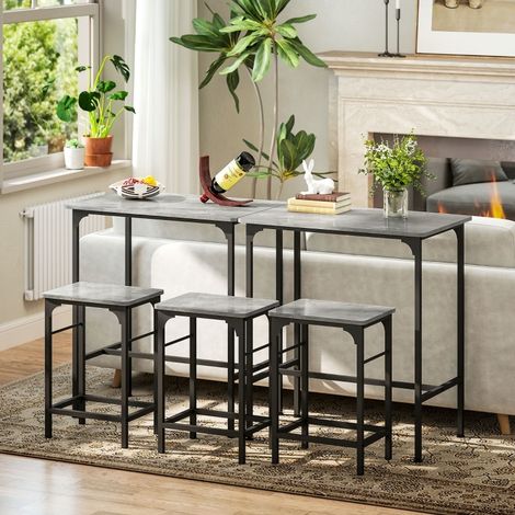 Set Tavolo da Bar con 1 Tavolo e 2 Sgabelli, Piano Effetto Legno, Struttura in Acciaio, Grigio (1/5)