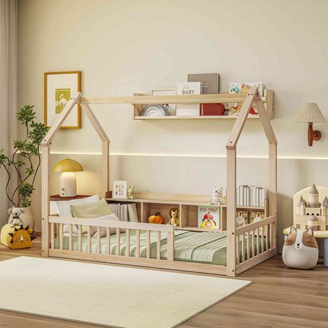 Lit au sol enfant 90x200 cm en bois en forme de maison avec 4 niches, barrières de sécurité et ouverture d'accès - Naturel (1/5)