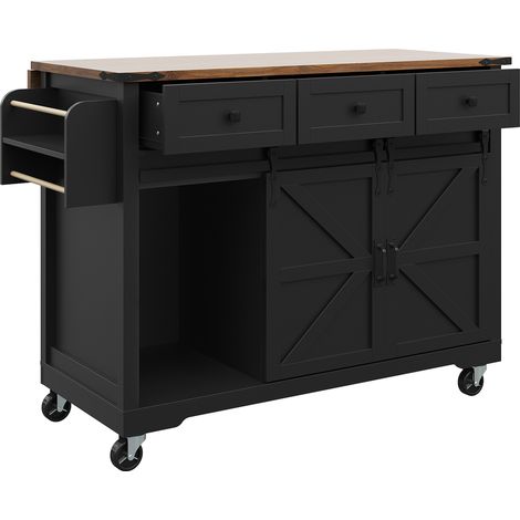 Îlot de cuisine, chariot de service avec plateau de travail extensible, chariot de cuisine sur roulettes, meuble de cuisine avec 2 portes coulissantes et 3 tiroirs, desserte à effet bois, meuble de cu (1/5)