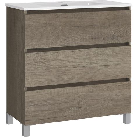 Ensemble de Salle de Bain Natura. Meuble de Salle de Bain à Fond réduit, avec lavabo en céramique. Distribution Trois tiroirs. Meuble monté. Trois tiroirs sans Miroir. Fond 39 cm 80 cm (1/5)