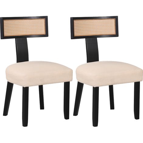 COSTWAY 55x53x91cm Accent Dining Chairs Set of 2 Linen Fabric Curved Rattan Black (1/5)