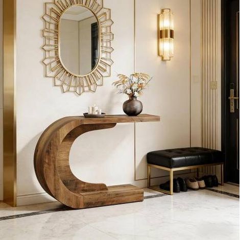 Tavolino consolle 110x35x75 cm, design a C, versatile, in legno, marrone rustico (1/5)