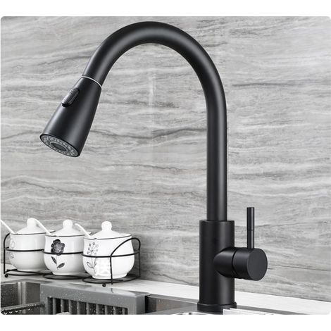 Robinet de Cuisine, Mitigeur Cuisine Rotatif à 360° avec Douchette Extractible, 3 Modes de Pulvérisation Mitigeur d'évier, Acier Inoxydable, Noir (1/5)