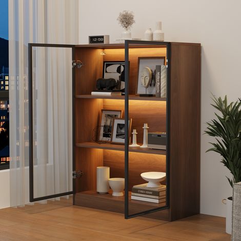 Beleuchtete Vitrine in Naturholzoptik 80x32x106 cm, 3 Böden, Alu-Türen, integriertes Licht, für Trophäen, Schmuck und Deko LINHOO