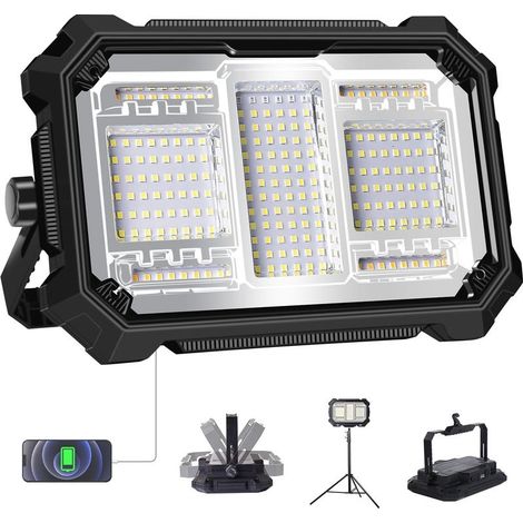 Projecteur LED Rechargeable 80W 8000LM, Projecteur sur Batterie 10000mAh, Base Magnétique et 5 Modes Lampe de Travail pour Camping, Jardin, Chantier, Garage, Pêche [Classe énergétique A] (1/5)