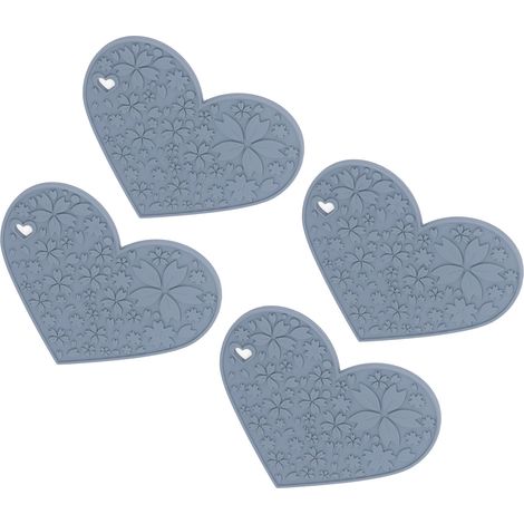 Lot de 4 sets de table en silicone en forme de cœur, antidérapants, imperméables, résistants à la chaleur et lavables, pour nourrir les animaux ou pour la cuisine (gris). (1/5)