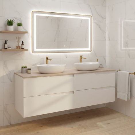Meuble de salle de bain suspendu 160 cm, blanc et beige, plan de toilette, 4 tiroirs, façades en MDF, sans vasque – MODERN