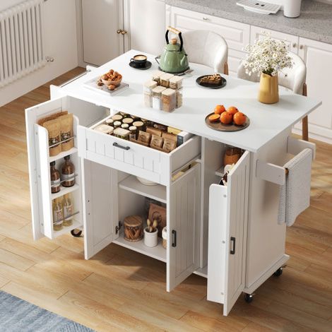 Kücheninsel mit klappbarer Arbeitsplatte, Küchenwagen auf Rollen, Küchenschrank mit 4 Türen und 1 Schublade, integrierten Gewürzregalen in den Türen, doppelseitigen Handtuchhaltern, weiß,120×45(70)×95