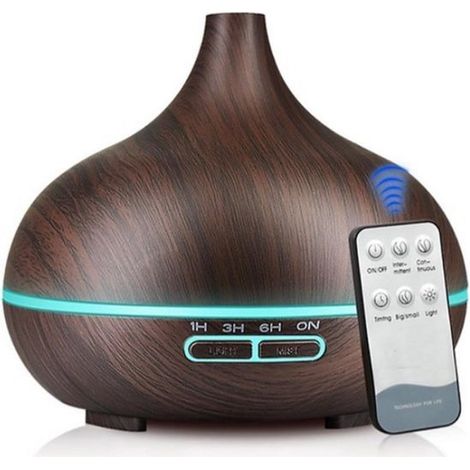 Umidificatore e diffusore di aromi a ultrasuoni da 500 ml – Vaporizzatore di oli essenziali effetto legno, illuminazione LED a 7 colori, telecomando – Ideale per camere da letto, aria secca e relax