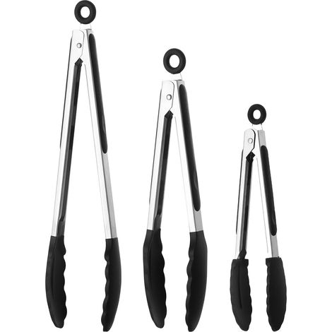 Set of 3 Silicone Kitchen Tongs - Kitchen Accessories Can Be Hung - Kitchen Tongs to Meet All Needs (Black) (1/5)