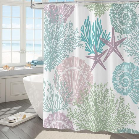 Rideau De Douche - Polyester Imperméable - Motif Marin Coquillages Étoiles De Mer - 183 x 183 cm - Vert Et Rose - 1 Pièce (1/5)