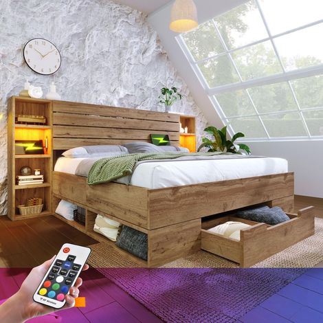 Lit 160x200 avec Sommier LED et USB C et 2 Tables de Chevet, Lit Coffre 160x200 avec Tiroirs Rangement et Tete, Lit Double Capitonné avec à Lattes 2 Personnes, Rembourré Cadre de Bois(Sans Matelas) (1/5)