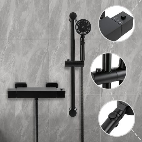 Système de douche thermostatique avec mitigeur, ensemble de douche pour salle de bain avec support, colonne de douche, 5 modes de débit, pomme de douche, installation murale. (1/5)