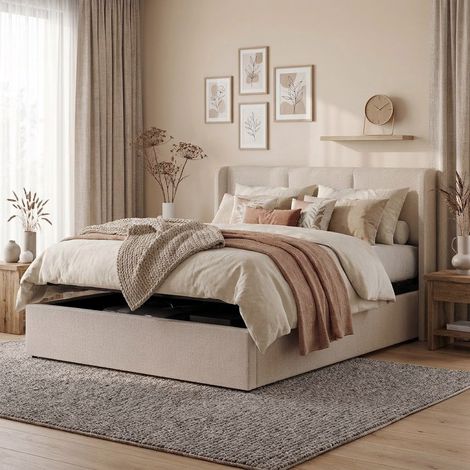 Lit Coffre 160x200 cm Lit Double Rembourré en Tissu de Lin avec Sommier à Lattes et Tête de Lit à Oreilles Design Moderne Grand Espace de Rangement - Beige (1/5)