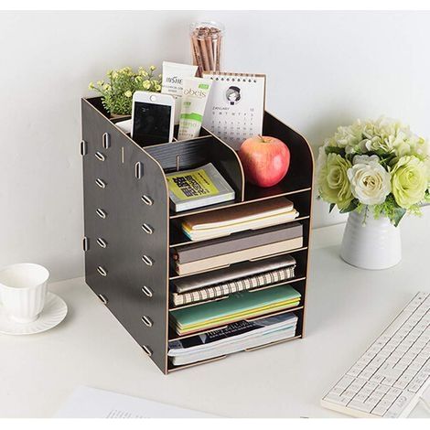 Büro-Zeitschriftenständer aus Holz, Tischablage mit 6 Fächern, Ablage für Briefe und Stifte, Kosmetikpinselhalter und Dokumentenablage (1/4)