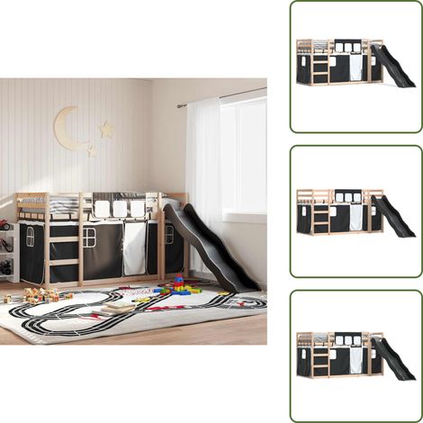 Cama con barandillas - vidaXL Litera con tobogán y cortinas blanco y negro 80x200 cm - Cama con cortinas