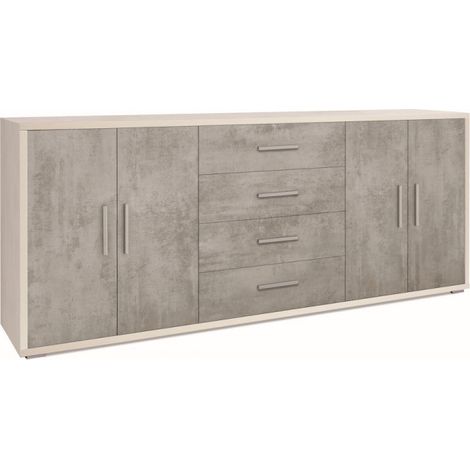 Mueble móvil con 4 puertas y 4 cajones, 203L x 41P x h84 – Acabado Blanco Mate y Cemento – Sarmog