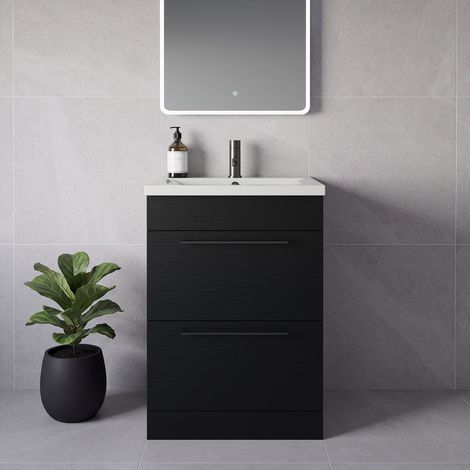 Napoli 460 Nero Oak 600mm 2 Drawer Vanity Unit with Glide Basin - 600mm - Gunmetal Grey 320mm Handle
