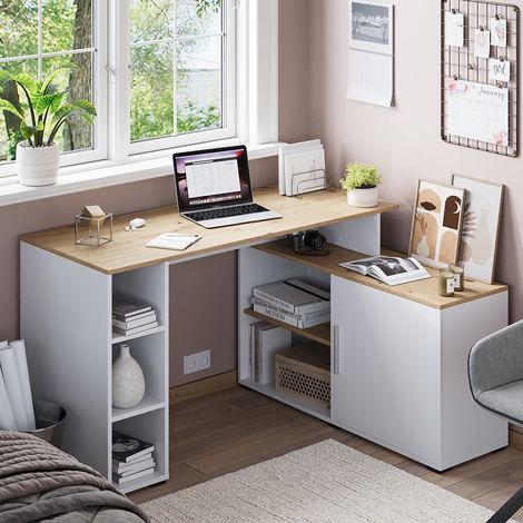 Bureau d'angle Rudy, Blanc/Artisan, 135x110cm avec des étagères, Vicco