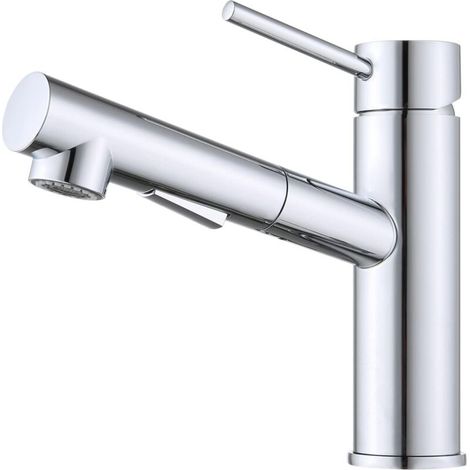 Robinet de cuisine extractible bec pivotant robinet combiné avec robinet d'évier de pulvérisation 2 têtes de pulvérisation en acier inoxydable chromé en option pour éviers de salle de bain de cuisine (1/5)