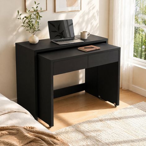 Scrivania 2 in 1 pieghevole ed estensibile con cassetti e ruote 110x40x78 cm nera (1/5)