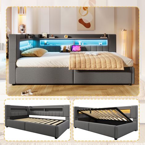 Cadre de lit, 90 x 200 cm, LED, USB et USB-C, revêtu de tissu effet lin, gris, 213 x 101 x 75 cm (1/5)