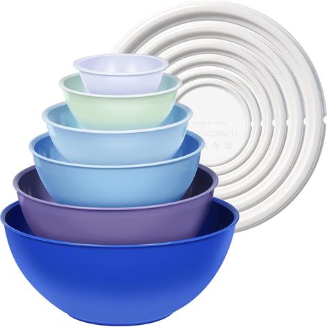 Lot de 6 bols mélangeurs colorés en plastique avec couvercles, bols gigognes avec couvercles, 6 bols de préparation et 6 couvercles, passent au micro-ondes et au congélateur(Bleu foncé) (1/5)
