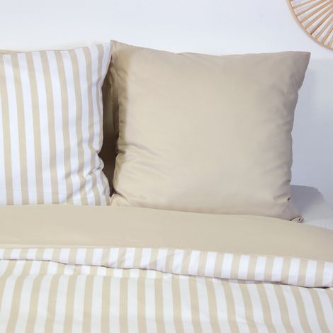 Ropa de cama de microfibra reversible con rayas beige, 2 plazas (1/3)
