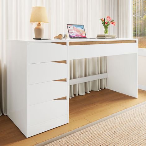 Ensemble de Meubles de Bureau 3 Pièces Bureau 140x50 cm avec 2 Armoires de Rangement Blanc et Chêne pour Télétravail (1/5)