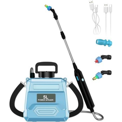 Pulvérisateur à Batterie, Pulvérisateur Electrique 5L avec 2 Types de Puses, Tige Télescopique, Bandoulière Réglable, pour Cour, Pelouse et Jardin (Bleu) (1/5)