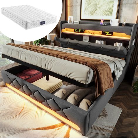 Bettgestell 140x200 cm grau aus Leinen mit LED-Beleuchtung, Stauraum, USB-/Type-C-Ladefunktion und Matratze (1/5)