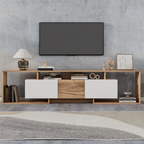 Meuble TV 180x30x49 cm en panneaux de bois blanc et naturel, gain de place pour salon FloraGrace (1/5)