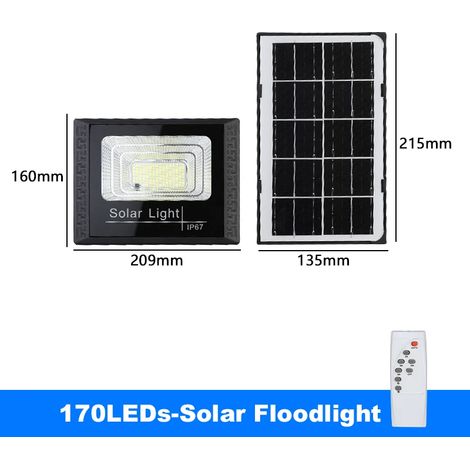 Projecteur solaire LED (170 LED) compatible avec les éclairages extérieurs de jardin, étanches et lumineux pour escaliers et murs. Intensité lumineuse réglable (distance, minuterie, télécommande). (1/5)