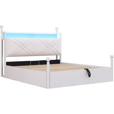 Cama doble metálica 140x190 blanca con almacenamiento hidráulico, LED y USB Tipo-C (1/5)